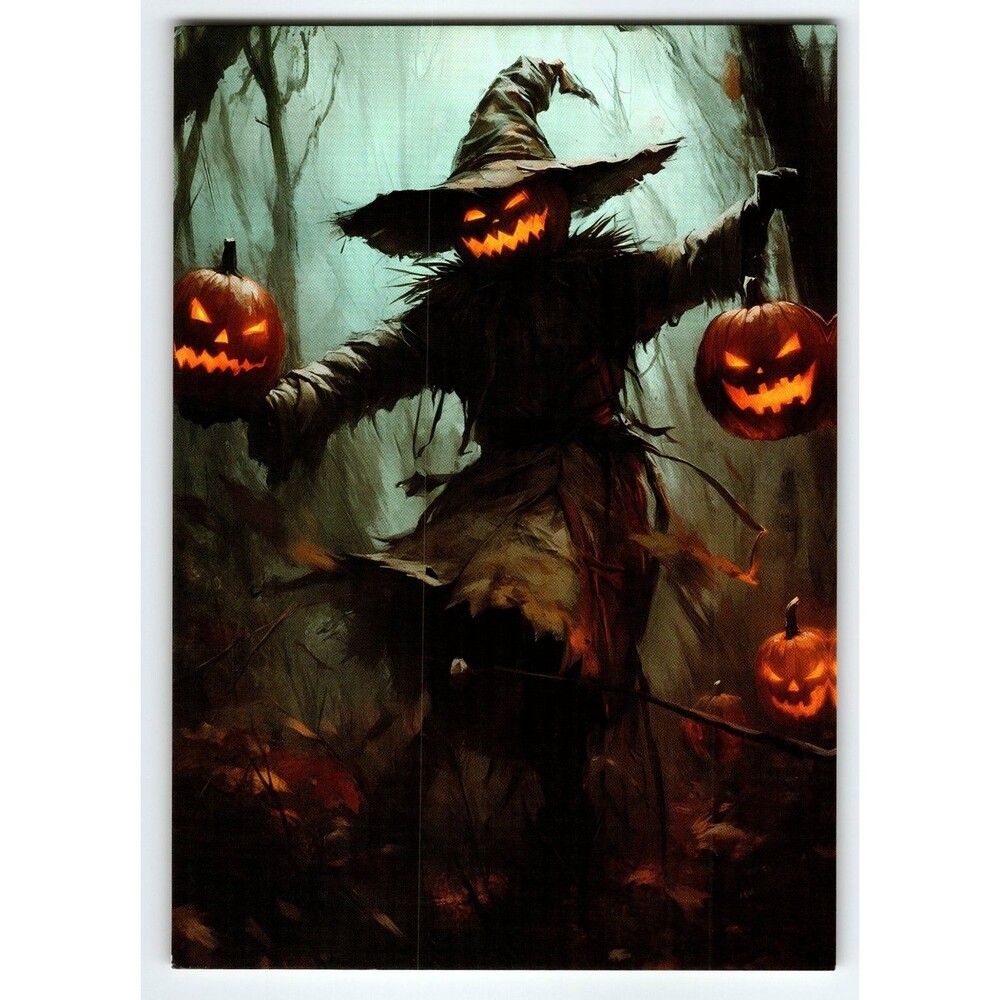 Spooky Halloween Scarecrow with Jack-o'-Lanterns Vintage Postcard
